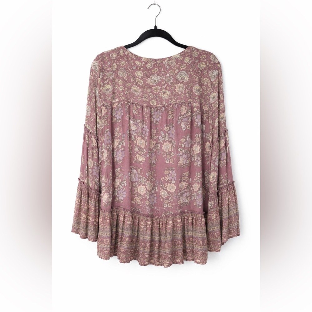 Boho Floral Tunic Top Mauve Bell Sleeve Size L - Picture 2 of 8